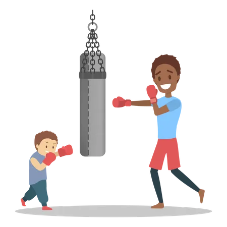 Father and son dressed in sportswear boxing Illustration