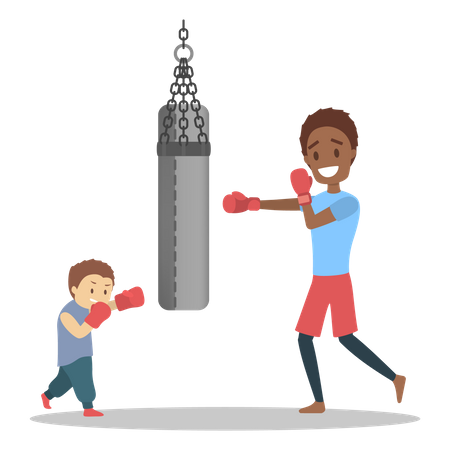 Father and son dressed in sportswear boxing  Illustration