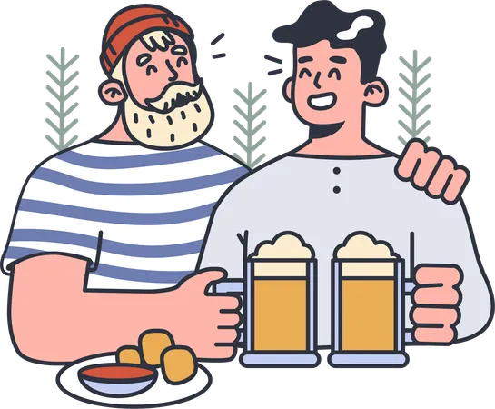 Father and son drinking beer gather  Illustration