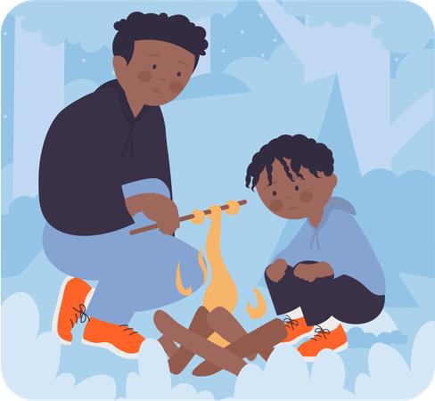 Father and son enjoying bonfire  Illustration