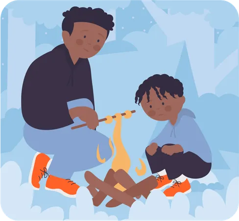 Father and son enjoying bonfire  Illustration