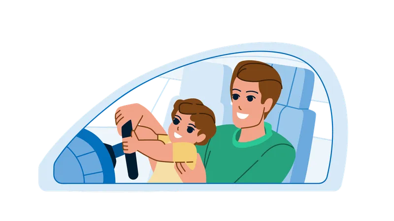 Father Son Drive Vector Dad Kid Car Boy Vehicle Happy Trip Instructor Father Son Drive Character People Flat Cartoon Illustration Illustration