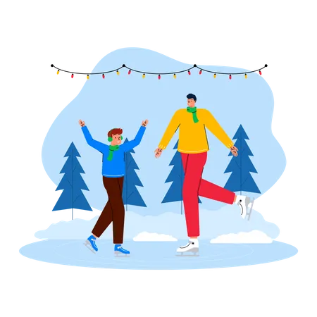 Father and son enjoying ice skating  Illustration