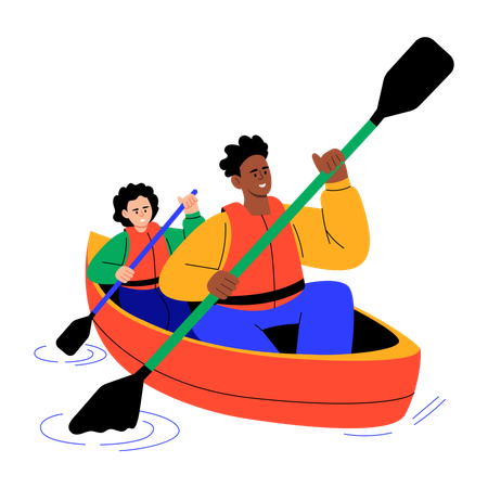 Father and son enjoying paddle boat ride  Illustration
