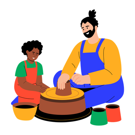 Father and son enjoying pottery making  Illustration