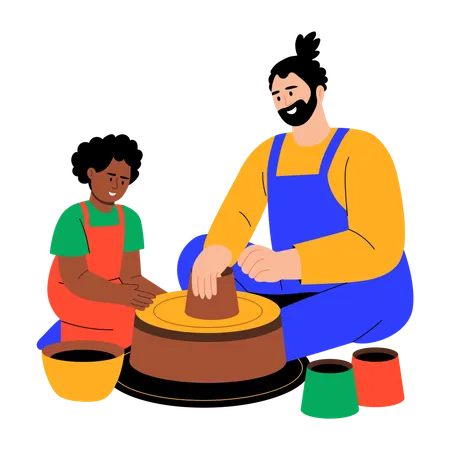 Father and son enjoying pottery making  Illustration