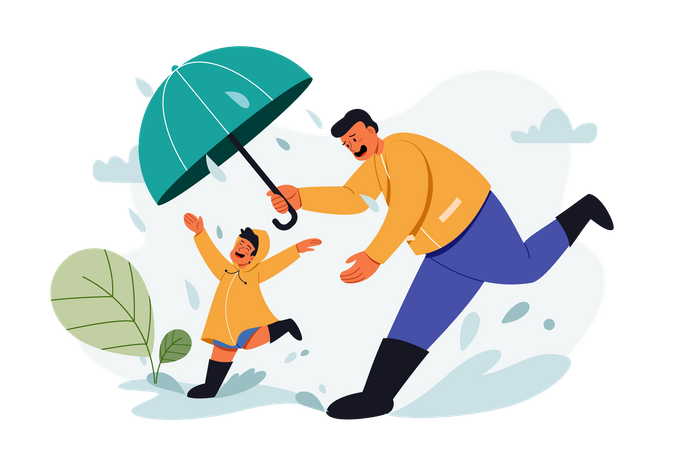 Father and son enjoying rain Fathers Day  Illustration