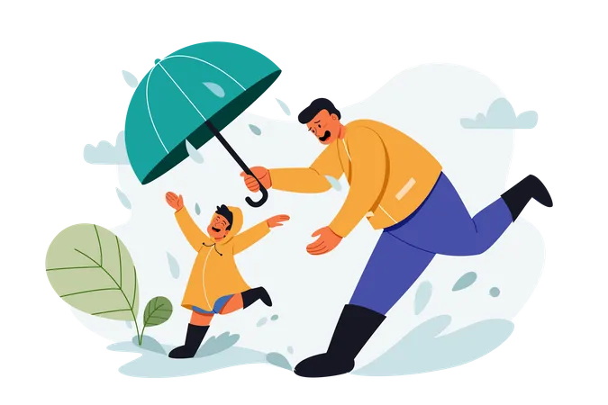 Father and son enjoying rain Fathers Day  Illustration