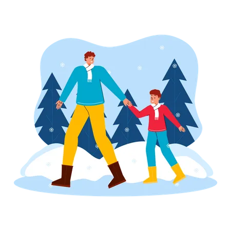 Father and son enjoying snowfall  Illustration