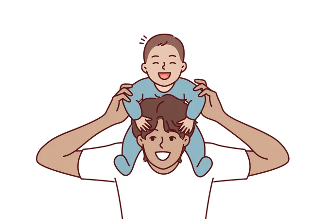 Man Put Baby On Neck And Laughed Rejoicing At Presence Of Younger Brother Or Beloved Son Happy Young Guy Rolls Baby And Takes Care Of Infant For Concept Celebrating Father Day And Thanking Parents Illustration