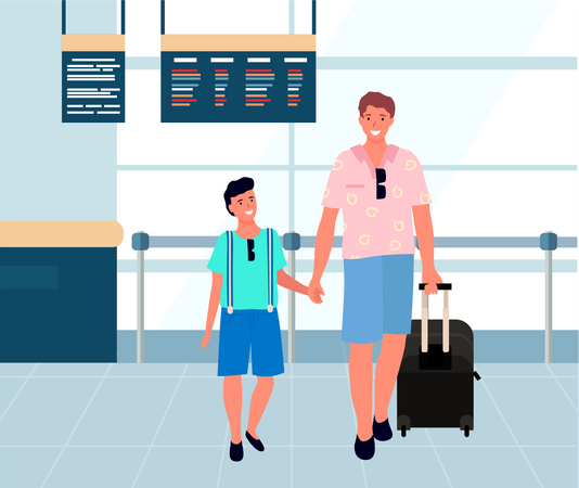 Father and son entering at airport  Illustration