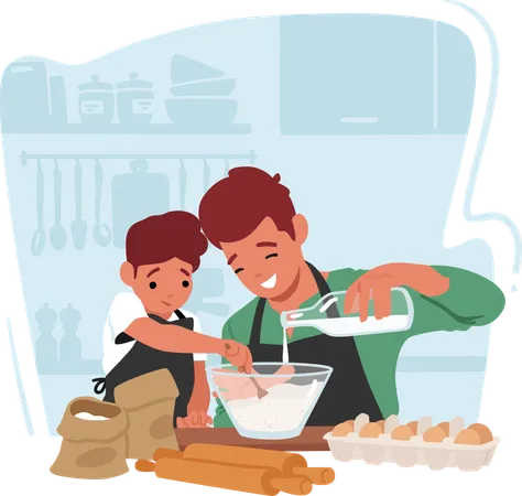 Father And Son Family Characters Joyfully Cook Side By Side Aprons On Sharing Laughter And Love In The Cozy Kitchen Creating Delicious Memories Together Cartoon People Vector Illustration Illustration