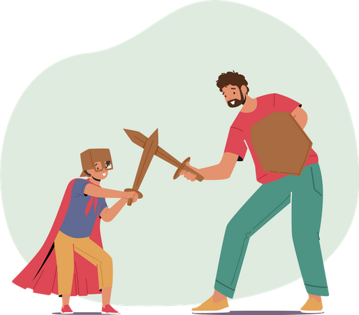 Father and Son Fighting on Wooden Swords Illustration