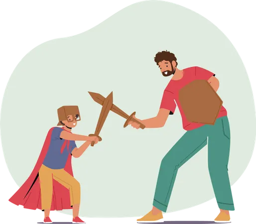 Happy Family Characters Playing In Knights Outdoors Father And Son Fighting On Wooden Swords Dad And Boy Fooling Parenting Childhood Togetherness Concept Cartoon People Vector Illustration Illustration