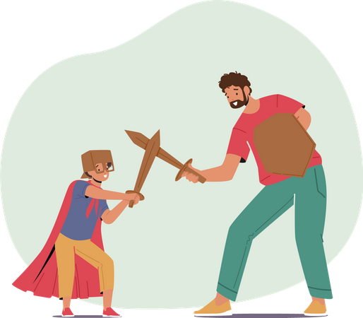 Father and Son Fighting on Wooden Swords  Illustration