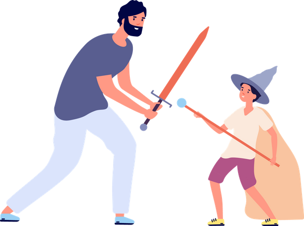 Father and Son Fighting on Wooden Swords  Illustration