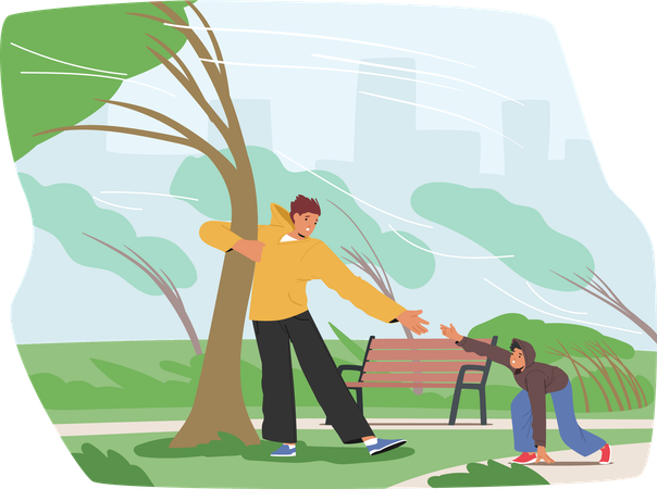 Father and son fighting with strong wind trying to save lives clinging tree trunk in city park  Illustration