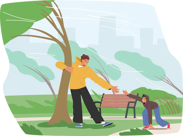 Father and son fighting with strong wind trying to save lives clinging tree trunk in city park  Illustration