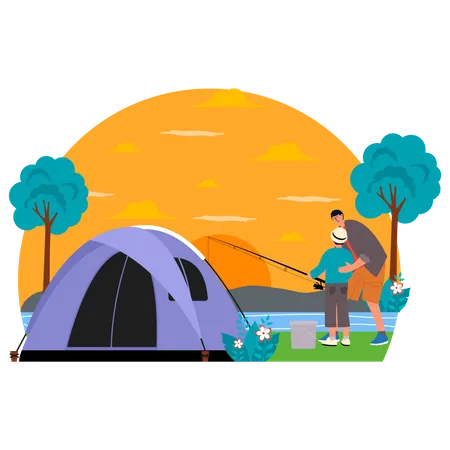 Father and son fishing on camping  Illustration