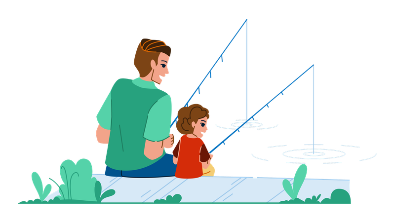 Father and son fishing together at lake  Illustration