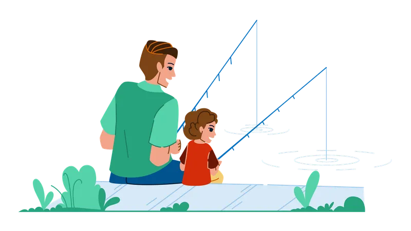 Father and son fishing together at lake  Illustration