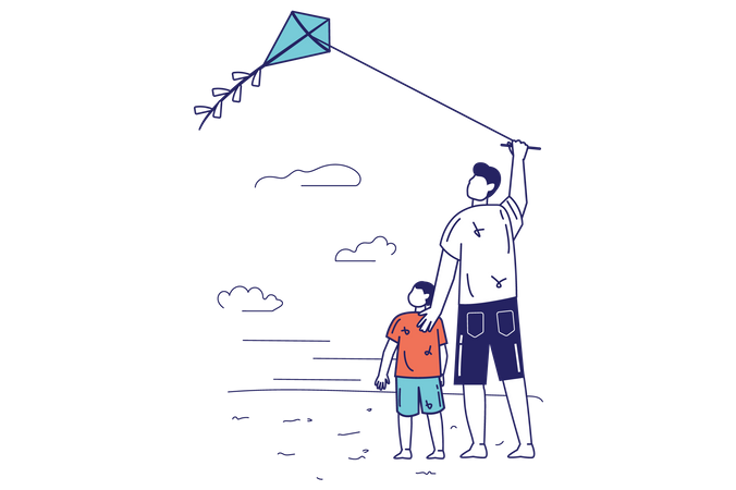 Father and son flying kit together  Illustration