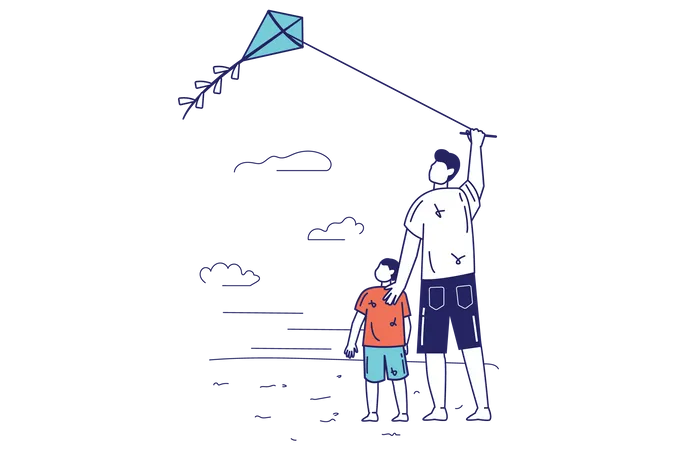 Father and son flying kit together  Illustration