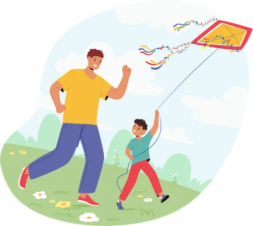 Father and Son flying Kite  Illustration