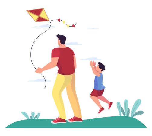 Father and son flying kite in park Illustration
