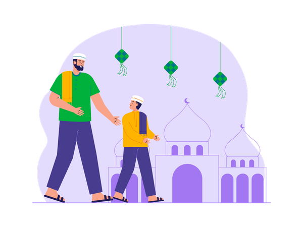 Father and son going to mosque  Illustration