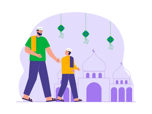 Father and son going to mosque  Illustration