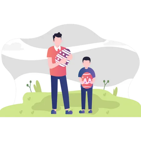 Father and son holding easter egg  Illustration
