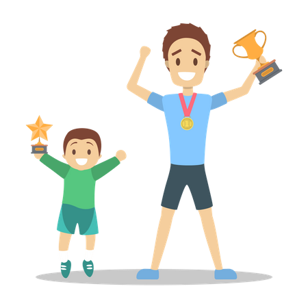 Father and son holding trophy  Illustration