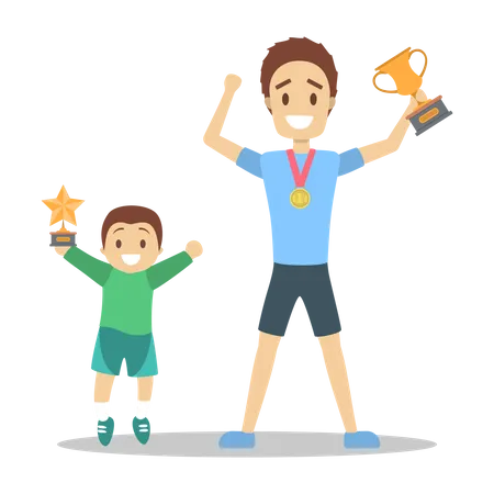 Happy Family Holding Trophy Cup Best Parent Award Achievement And Competition Victory Sport Success Isolated Flat Vector Illustration Illustration