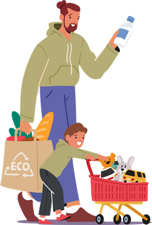 Father And Son in Supermarket  Illustration