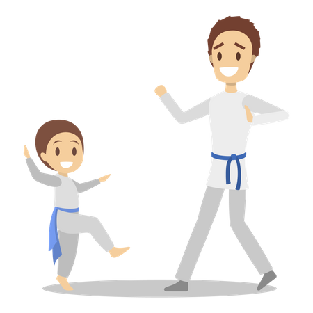 Father and son in uniform training karate moves Illustration