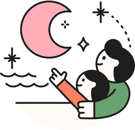 Father and son looking at moon  Illustration