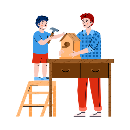 Father and son making birdhouse in carpentry workshop  Illustration