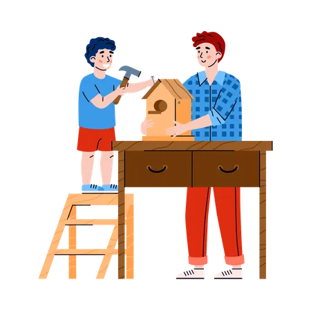 Father and son making birdhouse in carpentry workshop  Illustration