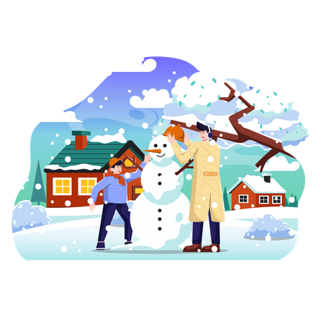 Father and son making snowman Illustration