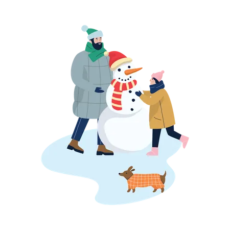 Father and son making snowman  イラスト