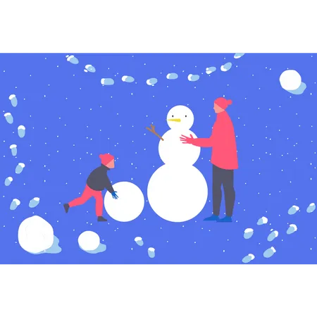 Father And Son Making A Snowman Illustration