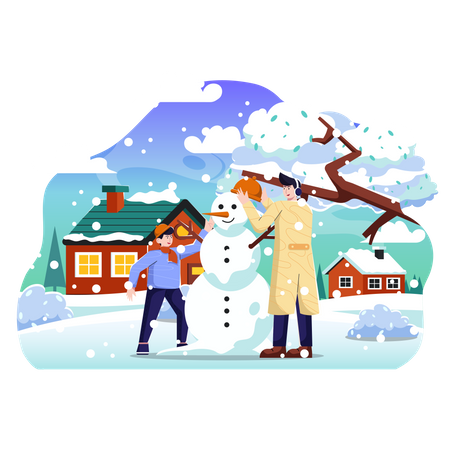 Father and son making snowman  Illustration