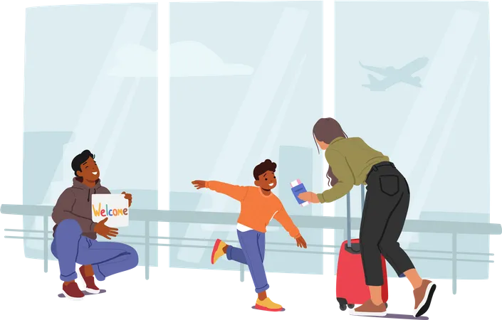 Father And Son Meeting Mother In Airport  Illustration