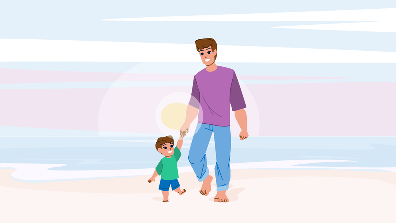 Father and son on beach  イラスト