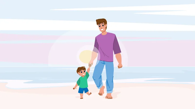 Father Son Beach Vector Family Child Dad Vacation Fun Holiday Outside Father Son Beach Character People Flat Cartoon Illustration Illustration