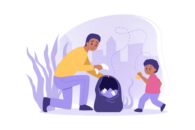 Father and son picking up garbage  Illustration