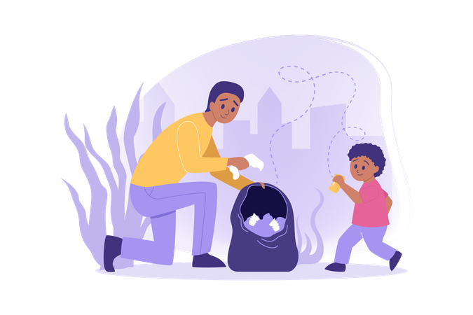 Father and son picking up garbage  Illustration