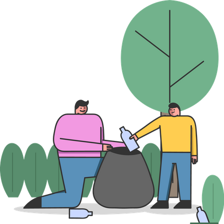 Father And Son Picking Up Plastic Waste In Forest Illustration