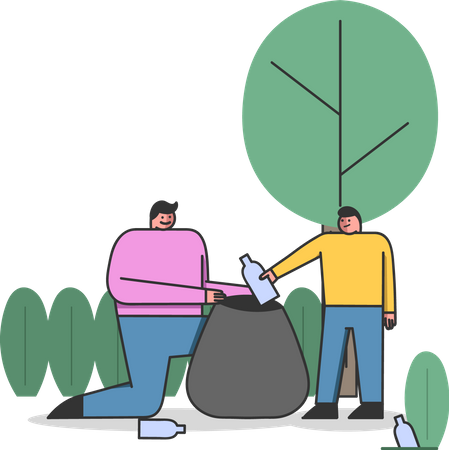 Father And Son Picking Up Plastic Waste In Forest  Illustration